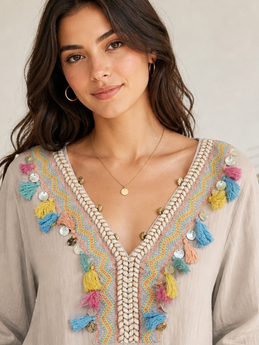 Soft Surroundings Boho Embroidered Tassel Top  Festival Cottagecore Blouse S